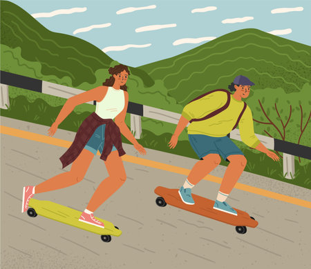 Happy girlfriend and boyfriend teenager characters skateboardingのイラスト素材