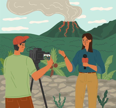 Journalist and cameraman creating reportage about volcano eruptionのイラスト素材