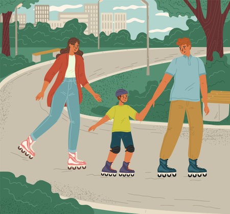 Happy family roller skating in city park on weekend sceneのイラスト素材