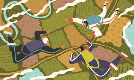 Group parachute flight scene with people skydiving togetherのイラスト素材