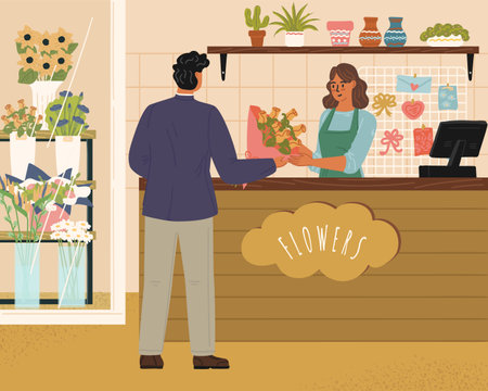 Man customer paying for flower bouquet at floristry shop storeのイラスト素材