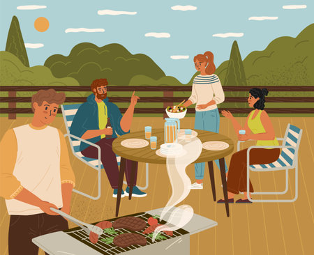 Happy friends enjoying bbq picnic party on terraceのイラスト素材