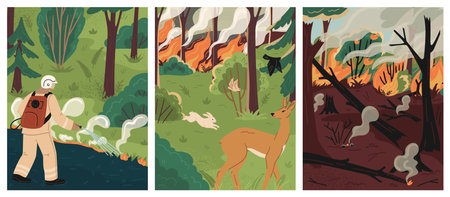 Forest fire scene with scared running animals and burnt treesのイラスト素材