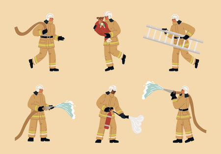 Firefighters wearing uniform using rescue equipment isolated setのイラスト素材