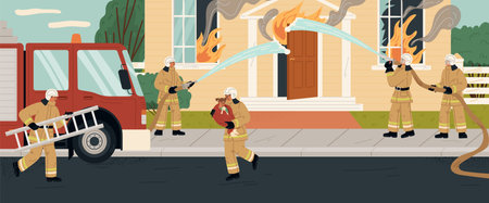 Firefighters rescue crew putting out house fire on street sceneのイラスト素材