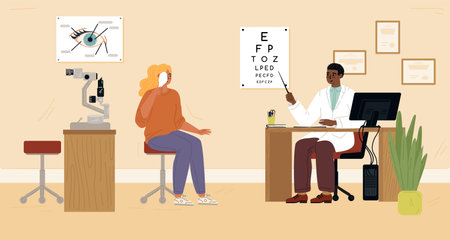 Ophthalmologist and patient flat character vector sceneのイラスト素材