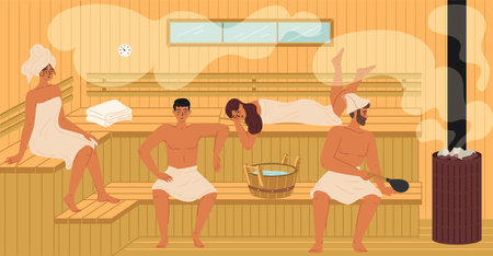 Group of young people relaxing at sauna steam room sceneのイラスト素材
