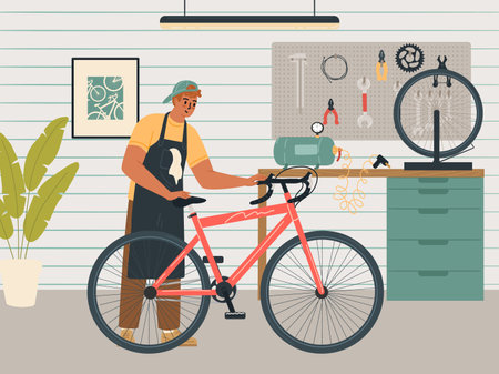 Repairman fixing broken customer bicycle at workshop garageのイラスト素材
