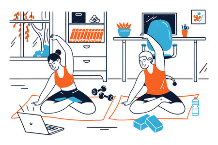 Young family couple characters enjoying online training at homeのイラスト素材