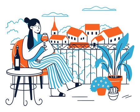 Young woman drinking wine while rest on home terraceのイラスト素材