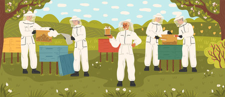 Apiary at countryside landscape vector illustration with beekeeper workersのイラスト素材
