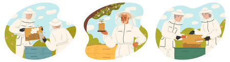 Beekeepers collecting honey harvesting at apiary scene setのイラスト素材