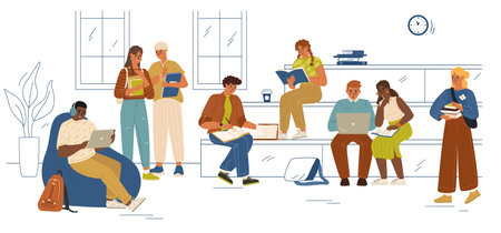 Students cartoon characters studying, resting together at campus indoorsのイラスト素材