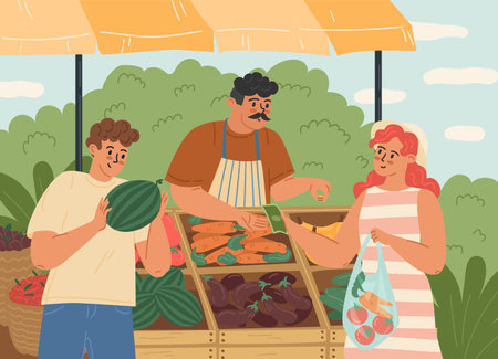 Family couple buying farm products in cash at street marketのイラスト素材