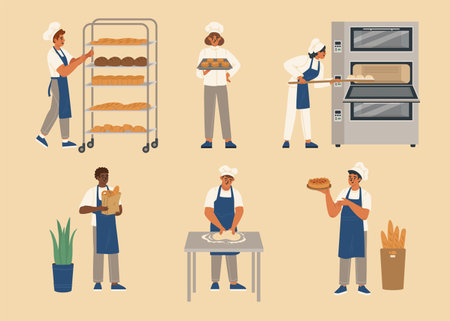 Bakery house workers cooking selling bread and pastry setのイラスト素材