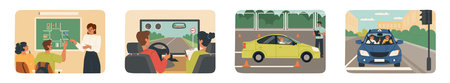 Different stages of education on driving lessons at school scene set