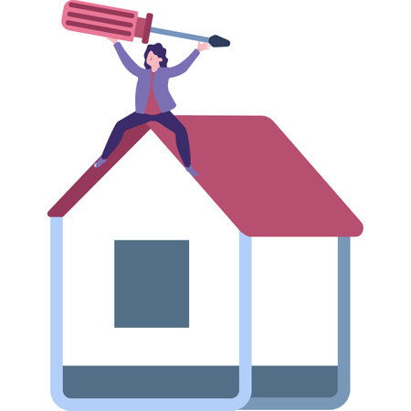 Woman holding wrench sitting on home roofのイラスト素材