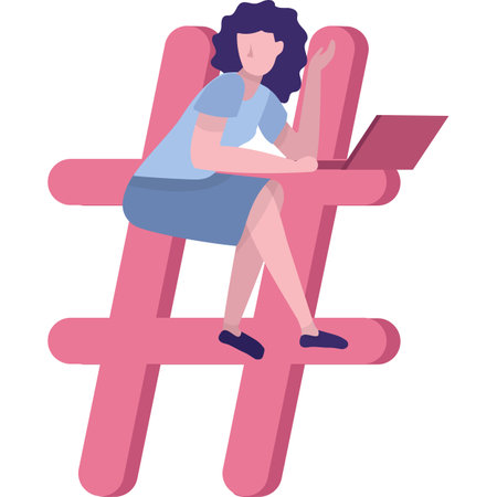 Woman with laptop sitting on hashtag vector iconのイラスト素材