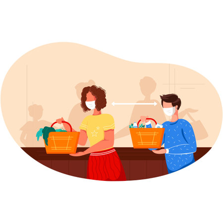 Supermarket grocery store queue in distance vectorのイラスト素材