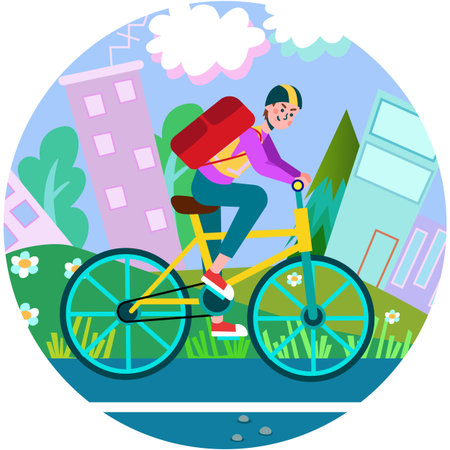 Man ride bike vector guy on bicycle on city streetのイラスト素材