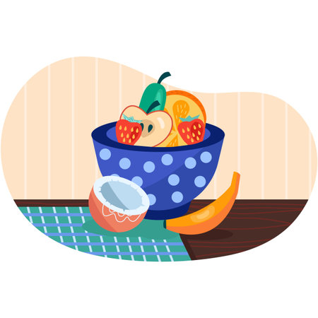Fruit bowl vector dish with healthy food on tableのイラスト素材