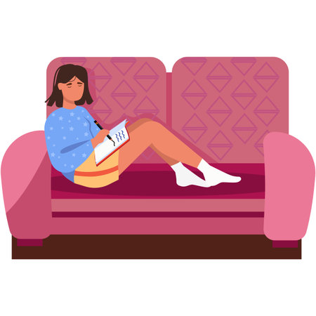 Woman writing in notebook on sofa vector iconのイラスト素材