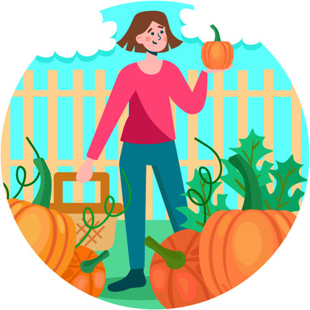 Woman farmer picking pumpkin in garden vectorのイラスト素材