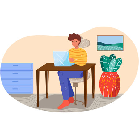Man office worker sitting at desk work on laptopのイラスト素材
