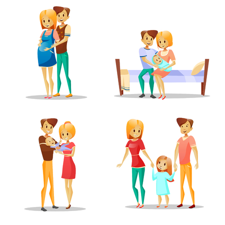 Couple and child vector illustration of cartoon parents with kid.のイラスト素材
