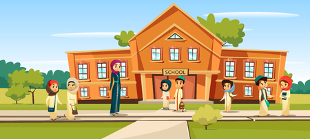 Muslim school vector illustration cartoon children and teacher going to school. Woman teacher and pupils kids in traditional Arabian Islamic clothes and schoolbags at schoolyardのイラスト素材