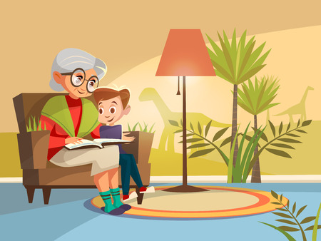 Vector cartoon grandmother reading scientific book to boy kid sitting armchair. Illustration elderly parent background of home interior with dinosaurs prehistoric plants on wall imagined by kidのイラスト素材