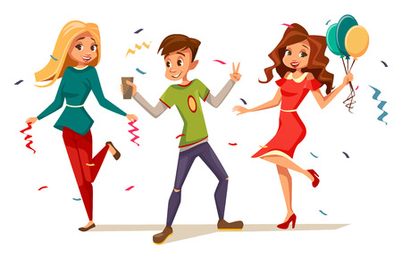 Young teens dancing at party vector illustration isolated characters celebrating birthday or holiday. Flat design of boy with cocktail drink and girls with balloons in party confettiのイラスト素材