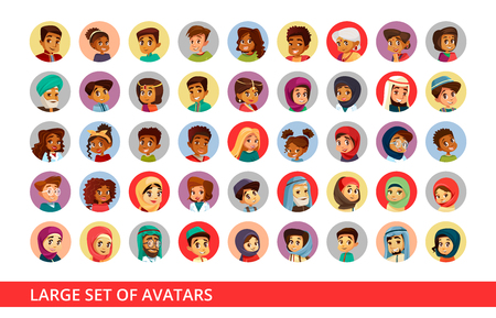 Social network user avatars vector cartoon illustration of people and children different nationality. Set of black Afro-american woman and Arabian man, Asian girl and Indian boy for profile accountのイラスト素材