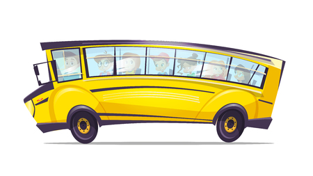 Vector cartoon school bus for pupil kids. Yellow retro vehicle, truck for elementary, high school students.のイラスト素材