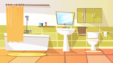 Vector cartoon bathroom interior background template. Modern home, hotel apartment lavatory, restroom. Illustration with ceramic furniture bathtub, faucet toilet sink, shower mirror closet with mirrorのイラスト素材