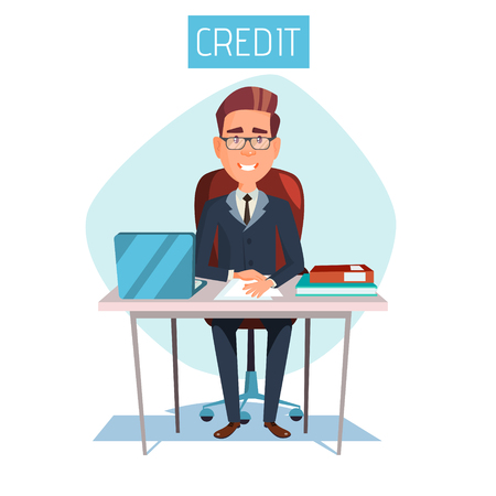 Vector cartoon manager, clerk sitting at workplace in bank credit office. Illustration with adult male business man character consultant in suit providing mortgage money loan financial consultationのイラスト素材