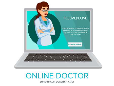 Vector cartoon online doctor. Illustration with woman doctor providing consultation from laptop screen. Telehealth medical communication technology concept, telemedicine service banner templateのイラスト素材