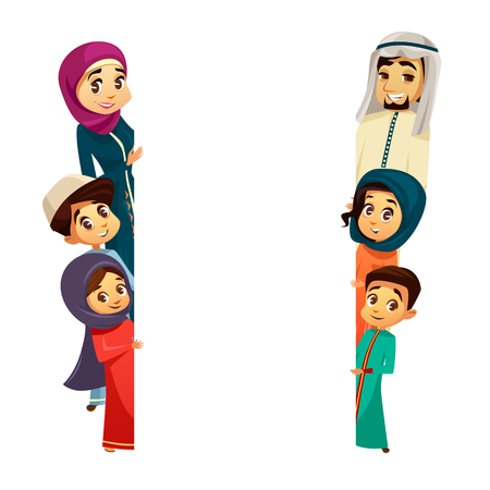 Vector cartoon arab khaliji family characters peeping from behind empty blank spaceのイラスト素材