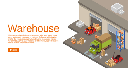 Warehouse isometric 3D vector illustration of storehouse and logistics transport for web site or infographics template. Isometric design of warehouse, forklift loaders trucks with parcelsのイラスト素材