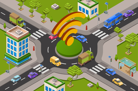 Smart city transport and wifi technology isometric 3D vector illustration of urban traffic crossroad icon. Isometric cars, public transport or buildings and wireless smart technologyのイラスト素材