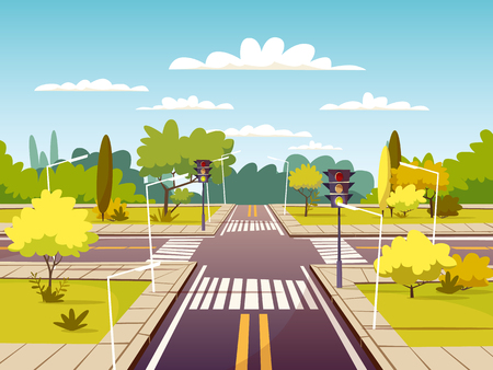 Street crossroad vector illustration of traffic lane and pedestrian crossing or crosswalk with marking. Cartoon flat design of urban road with traffic light for car sharing or car navigation technologyのイラスト素材