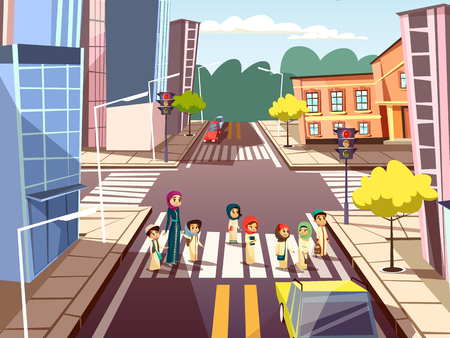 Pedestrians on crossroad vector illustration of Arab Muslim mother woman crossing street with kindergarten children on traffic light.のイラスト素材