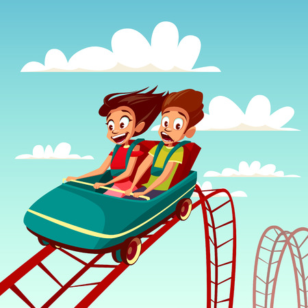 Kids on rollercoaster rides vector illustration. Boy and girl riding fast on Russian mountains amusement rides, happy laughing or excited scared with open mouth on amusement park backgroundのイラスト素材