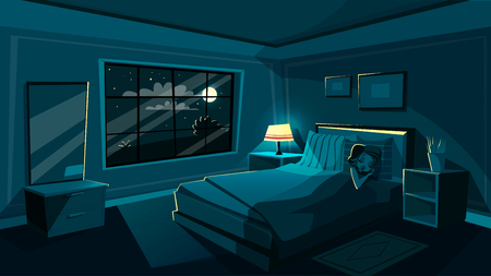 Vector cute young woman sleeping in bedroom at night, cartoon interior. Happy beautiful female character dreaming in cozy room bed with night sky star, moon from big window with soft lamp light.の写真素材