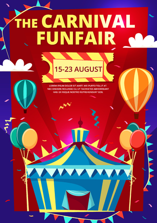Carnival funfair vector illustration of invitation poster, banner or flyer with circus tent and hot air balloons and flags. Flat design template for funfair traveling carnival entertainment show dateのイラスト素材