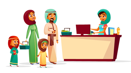 Muslim family at checkout counter vector illustration of Saudi Arabian man and woman in khaliji, hijab with children and supermarket shopping baskets. Muslim cashier scanning purchase barcodeのイラスト素材
