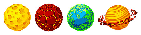 Vector cartoon fantastic planet, worlds asteroid set. Cosmic, alien space elements for game design. Illustration with fire galaxy with volcanic craters, satellite rings, blue green plants planet.のイラスト素材