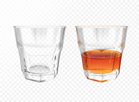 Whiskey glass 3D vector illustration of realistic crockery for brandy or cognac and whisky. Isolated transparent empty and half full glassware mockup template models setのイラスト素材