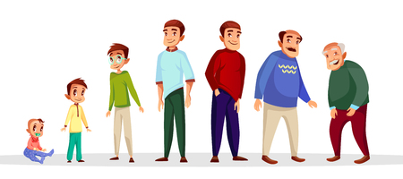 Vector cartoon male character growth and aging process. Happy people - toddler baby kid, teenager in glasses, young adult middle-age character and senior old men set. Age generation life cycle conceptのイラスト素材
