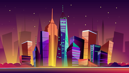 New York cityscape vector illustration. Cartoon New York landmarks in night, Freedom Tower on One World Trade Center and famous US America city buildings or skyscraper architecture with illuminationのイラスト素材